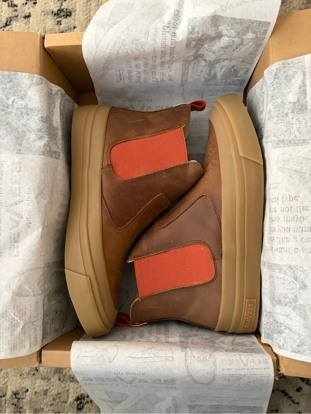 SeaVees Brown Leather Boots with Orange Elastic Panels